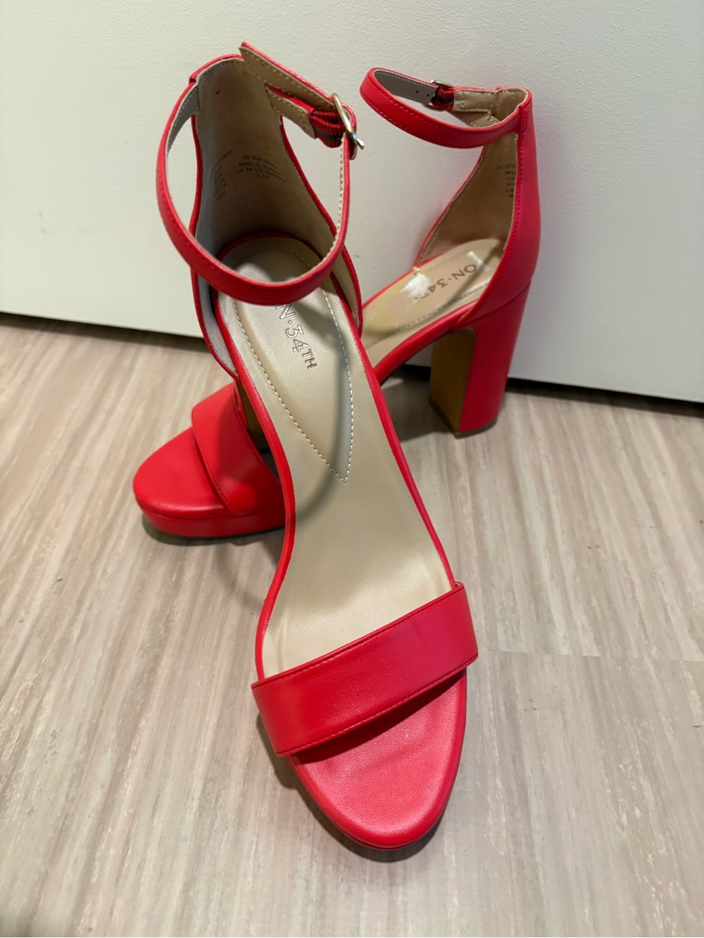 On 34th. Red Ankle-Strap Block Heel Sandals